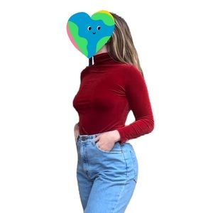 Y2K Vintage Red Velvet Turtleneck Cropped Ski Top - Small/Medium